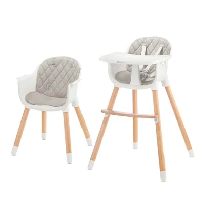 Image of Kinderkraft Sienna 2 in 1 Highchair, Baby Chair, Combination High Wooden Legs, 5 Point Harness, Footrest, Removable Tray, Non Slip Chair Leg Caps, from 6 Months to 4 Years, Grey