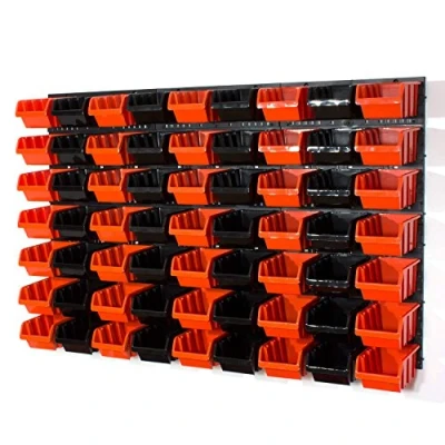 Image of 63 black and orange M size storage bins with wall mounted panel
