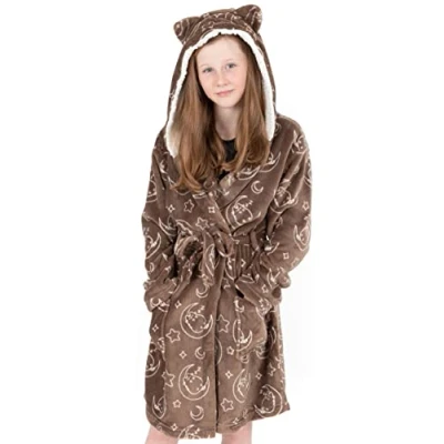 Image of Pusheen Dressing Gown For Girls Kids Teens Pink OR Brown Options Cat Robe Adjustable Belt with Pockets and Fleece Hood 9 10 Years