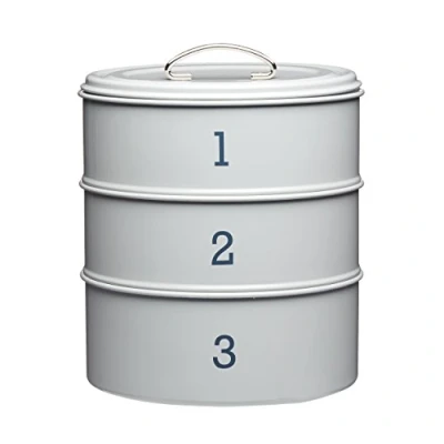 Image of KitchenCraft Living Nostalgia 3 Tier Metal Cake Storage Tin, 22 x 27 cm (8.5 10.5 Inches) French Grey