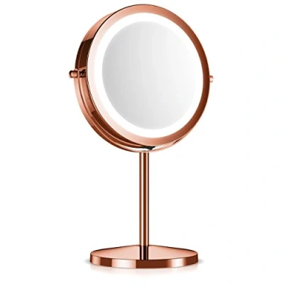Image of Navaris LED Illuminated Makeup Mirror Two Sided Vanity with Normal and 5x Magnification 2 in 1 360 Swivel Cosmetics Copper