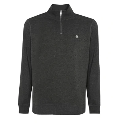 Image of Original Penguin Men’s Quarter Zip Sweatshirt, Sticker Pete, Organic Cotton Fleece, Long Sleeve, Charcoal Heather, Extra Large