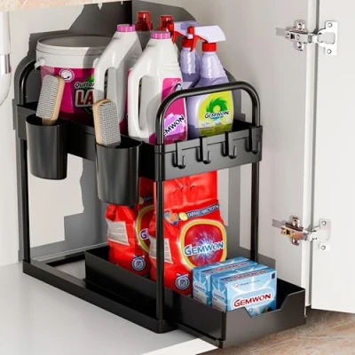 Image of GEMWON Under Sink Storage Kitchen Organiser, 2 Tier Sliding shelf, Multi Purpose Organisation for Bathroom, Bottom Slide Out Basket Black