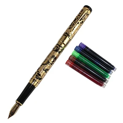 Image of Gullor Advanced Fountain Pen Jinhao 5000 Golden and Black Dragon Year with Gift Box Ink cartridges