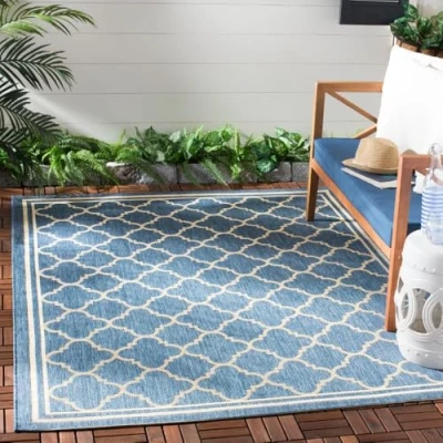 Image of SAFAVIEH Trellis Rug for Indoor &amp; Outdoor Courtyard Collection, Short Pile, in Blue and Beige color, 160 X 231 cm