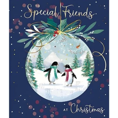 Image of Special Friends Christmas Card Artistic Festive Design Penguin Couple Bauble Finish Made in the UK Eco Friendly