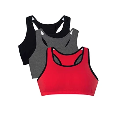 Image of Fruit of the Loom Women&#039;s Built Up Tank Style Sports Bra Fashion Colors, Opaque, Red Hot with Black/Charcoal/Black, 34 (Pack 3)