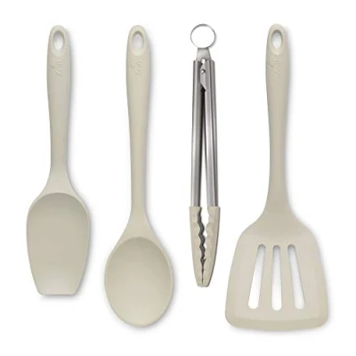 Image of Zeal JSET40C Non Stick Silicone Tongs, Turner, Spatula Cooks Spoon 4 Piece Set Cream