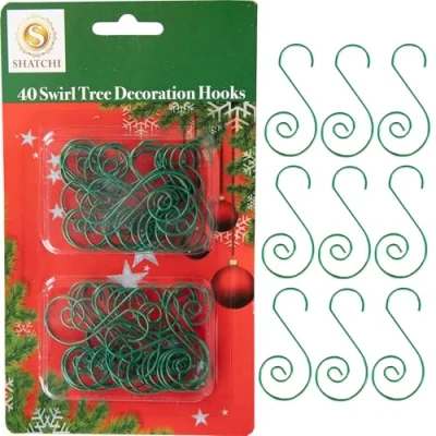 Image of 120Pcs Green Christmas Ornaments Hangers Hooks for Tree Baubles, String Lights Reusable Swirl S Easy Xmas Art Craft Decorations