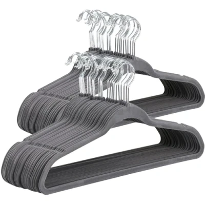 Image of Yaheetech 100 Pack Velvet Coat Hangers Heavy Duty Clothes Non Slip Suit Durable Standard for Space Saving, 360 Degree Swivel Hook Gray