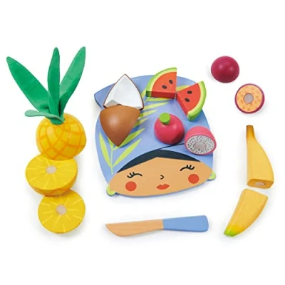 Image of Tender Leaf Toys Tropical Fruit Chopping Board Pretend Food Play Cutting with Various Fruits, and Knife Encourage Role Develops Social Skills For Children 3+