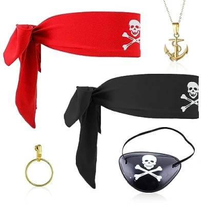 Image of SKHAOVS 5 Pcs Captain Pirate Costume Accessory Set, Dress Up Accessories, Eye Patches, Head Scarf, for Halloween and Party (5 Pcs)