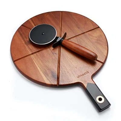 Image of Wooden Pizza Cutting Board Set Include Cutter Wheel 12&quot; Boards with 6 Grooves to Slice Peel &amp; Plate Handle