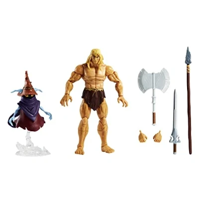 Image of Masters of the Universe Masterverse Revelation Savage He Man Action Figure with 30+ Articulated Joints, 3 Weapons, Harness &amp; Orko ‘Floating’ Base, 7 inch MOTU Collectors