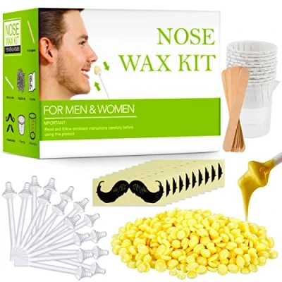 Image of Nose Wax Kit for Men and Women, Hair Removal with 100g 20 Safe Tip 10 Wooden Applicators, Containers Moustache Stencils,Painless, Easy Quick