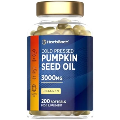 Image of Pumpkin Seed Oil Capsules 3000mg Cold Pressed High Strength Supplement 200 Softgels by Horbaach