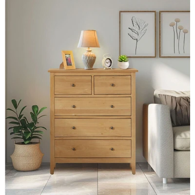 Image of Hallowood Furniture Aston Oak Chest of Drawers, 5 Drawers Chest, Solid Wood 2 Over 3 Wooden Hallway &amp; Bedroom
