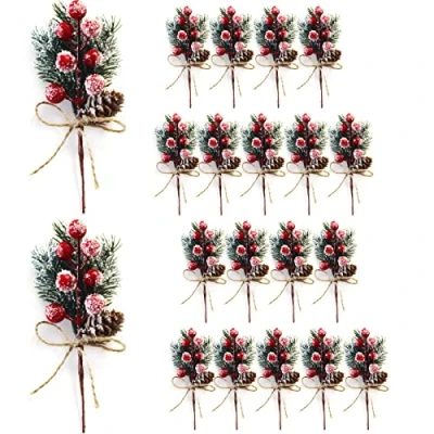 Image of HJHIWE Red Berry Stems Pine Branches 20Pack, Christmas Picks Spray Artificial Cones Holly Stem Craft, Winter Holiday Floral for Xmas Garland Wreath Ornaments.