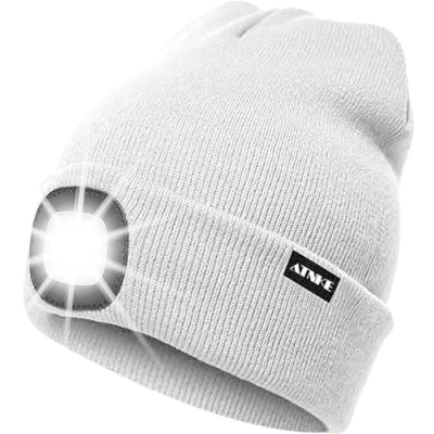 Image of ATNKE LED Lighted Beanie Cap,USB Rechargeable Running Hat Ultra Bright 4 Waterproof Light Winter Warm Gifts for Men and Women/White
