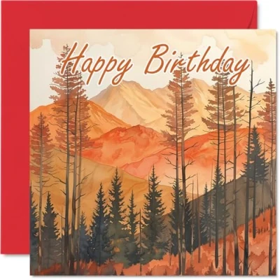 Image of Birthday Cards for Women Men Watercolour Mountain Red Happy Card Mum Dad Brother Sister Uncle Auntie Cousin Grandad Nanny Friend 145mm x Bday Greeting