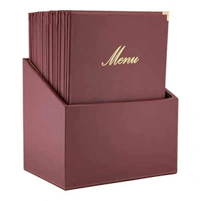Image of Securit Premium Faux Leather A4 Menu Holder Pack of 20 4 Pages Display Folder Ideal for Restaurants, Café, Bar Wine Red Colour Box