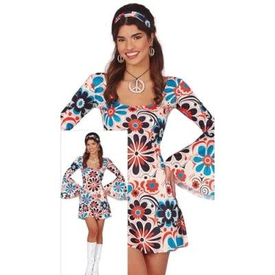 Image of FIESTAS GUIRCA Flower Hippie Fancy Dress Women 70s Short Outfit with Pattern &amp; Headband 60s Disco Costumes for Size S