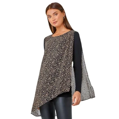 Image of Roman Originals Metallic Spot Print Overlay Stretch Top for Women UK Ladies Everyday Autumn Winter Round Neckline Comfy Soft Evening Vacation Work Party Night Out Black Size 10