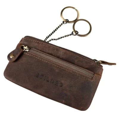 Image of STILORD &#039;Theo&#039; Leather Key Pouch for Men Vintage Case Holder with Ring Slim Coin Purse Cash Change Wallet Money RFID Blocker, Colour:Middle Brown