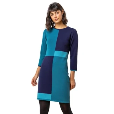 Image of Roman Originals Knitted Jumper Dress for Women UK Ladies Colour Block Winter Autumn Smart Casual Office Bodycon Workwear Everyday Long Sleeve Knee Length Knit Pocket Blue Size 14