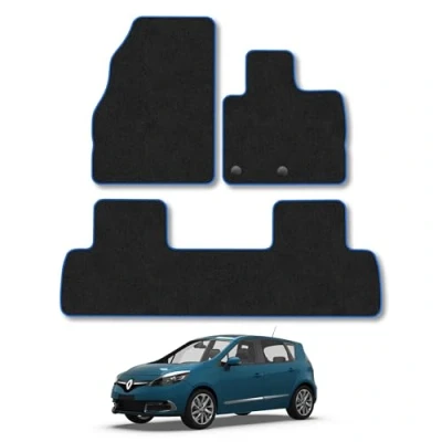 Image of Car Mats Compatible with Renault Scenic (2009 2016) Tailored Fit Blue Trimmed Carpet Floor Mat Set Accessory Black Custom Fitted 4 Pieces Clips Anti Slip Backing &amp; Trim Edging