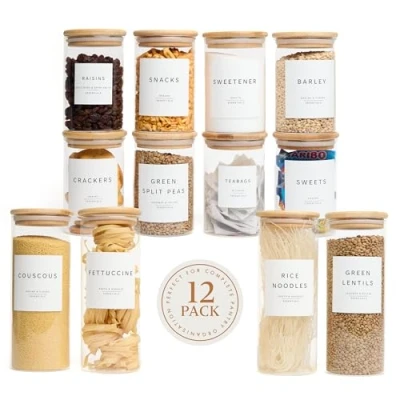 Image of Livabl Pantry Organisation Bamboo Glass Jars with Lids, Storage Jars, Lids Airtight, Jar, Pasta &amp; Canisters (12 Pack 1000ml 600ml)