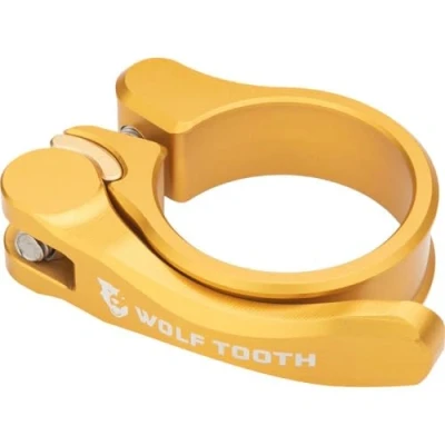 Image of Wolf Tooth Seatpost Clamp 31.8mm Quick Release Gold Bike Accessories Custom Parts Precision Engineered