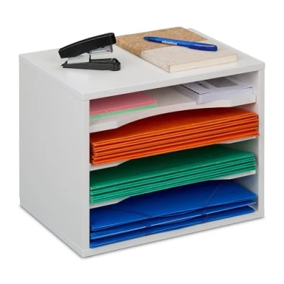 Image of Relaxdays Document Organiser, A4 Size, 4 Compartments, Desk Storage, Office, HxWxD: 28 x 32.5 25 cm, Bamboo, Natural, Fibreboard, 35.5 cm