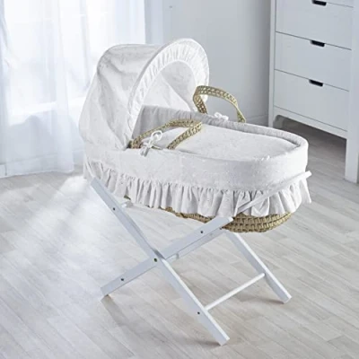 Image of Kinder Valley Baby Moses Basket with White Folding Stand Broderie Anglaise Palm Includes Adjustable Hood, Fibre Mattress &amp; Padded Liner (Gift for Newborn Girls Boys)