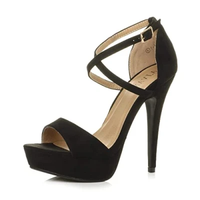Image of Ajvani Womens Ladies Platform high Heel Peeptoe Cross Over Strappy Shoes , Black Suede, 4 UK