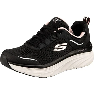 Image of Skechers Women&#039;s D&#039;lux Walker Infinite Motion Trainers,Black Leather Mesh Pink Trim,5.5 UK