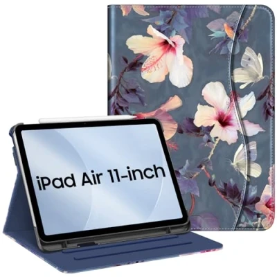 Image of FINTIE Case for iPad Air 11 inch (2024) M2, 6th / 5th 4th Generation (2024/2022/2022) [Multi Angle Viewing] Folio Stand Protective Cover with Pencil Holder &amp; Pocket, Blooming Hibiscus