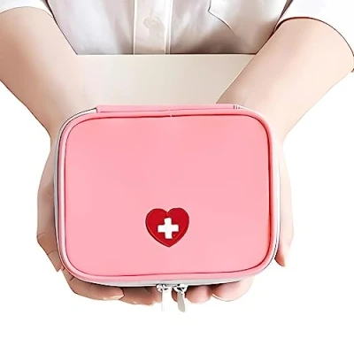 Image of Portable Mini First Aid Pouch, Empty Travel Medicine Bag Double Zippers Handy Pills Pocket for Home, Small Size (Pink)