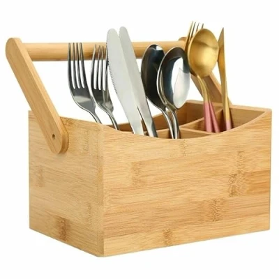 Image of Cutlery Caddy Utensil Holder with Handle 4 Compartment Kitchen Organiser Rack Divider Wood Carry