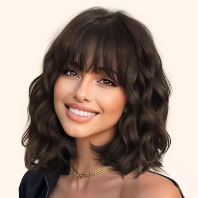 Image of YEESHEDO Shoulder Length Wavy Bob Wigs with Fringe Bangs Dark Brown for Women,Natural Heat Resistant Synthetic Daily/Party/Cosplay,14 Inch