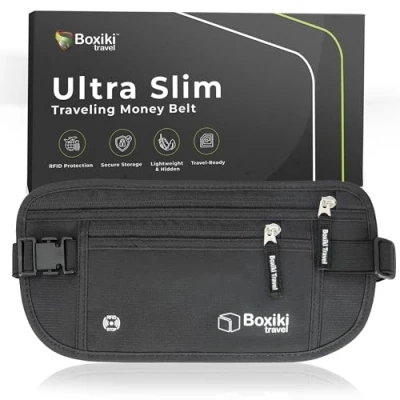 Image of Money Belt for Travel RFID Blocking Hidden Pouch to Hold Cash, Passport, Credit Cards and Documents Slim Fanny Pack Men Women Black