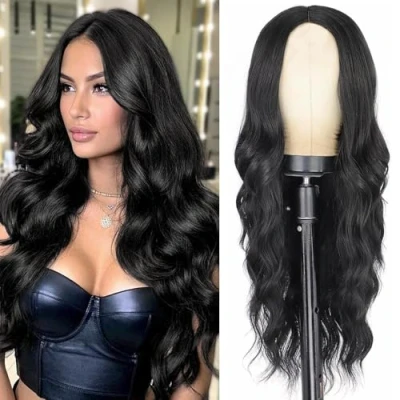 Image of PORSMEER Long Black Synthetic Hair Wigs for Women Natural Looking Wavy Curly Wig Middle Part Everyday or Cosplay Party