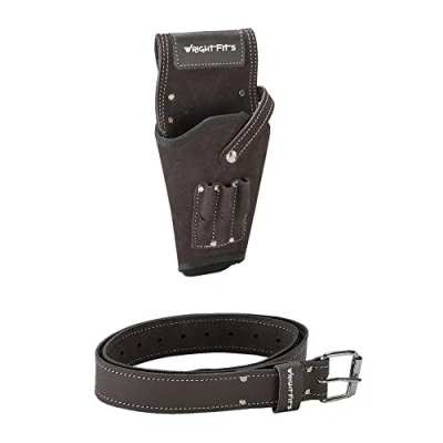 Image of WrightFits Leather Drill Holster Right Left Work Tool Pouch bit Holder with Supporting Belt (2 in 1) for Builders, Carpenters, Gardeners, Electricians