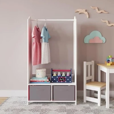 Image of URBNLIVING Kids MDF Wooden Hanging Clothes Rail Wardrobe Storage Shelves with Inserts Mirror Freestanding (Grey)