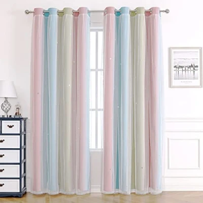Image of KAHEAUM Blackout Curtains for Living Room Bedroom Eyelet Girls Nursery Kids,Voile Net Windows,2 Panel 46 x 54 inch Drop Black Out Soundproof Thermal Green Pink