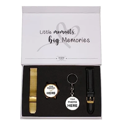 Image of Toff London Gift Set for Women, Personalised, Engraved Gold Ladies Watch Dial with 2 Straps, Custom Photo keyring