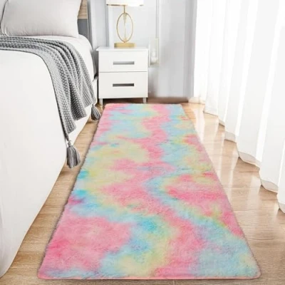 Image of Hafaa Rugs Living Room Fluffy Shaggy Rainbow Area for Bedroom, Hallway Runner Anti Slip Modern Super Soft Plush Carpet Non Shedding Easy To Clean Rug, 60cm x 220cm