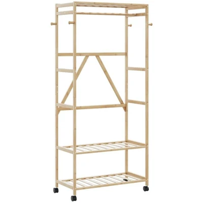Image of vidaXL Clothes Rack with Shelves and Wheels 90x40x179.5 cm Bamboo