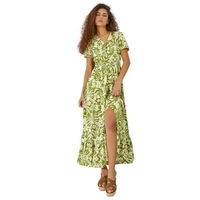 Image of Roman Originals Shirred Empire Waist Dress for Women UK Ladies Midi Maxi Summer Spring Tiered Frill Hem Short Sleeve V Neck Button Through Boho Bohemian Holiday Cruise Lime Size 20