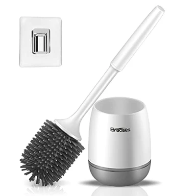 Image of Braoses toilet brush with holder, wall mounting and standing silicone set, long handle quick drying holder set for bathroom or guest (white grey)
